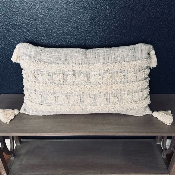 Boho Cream Gray Tassel Modern Farmhouse Rectangular Throw Pillow - Picture 1 of 5
